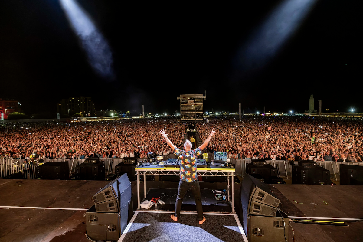 DJ Fatboy Slim seen from behind raising his arms in front of a massive cheering crowd during a live outdoor festival performance.